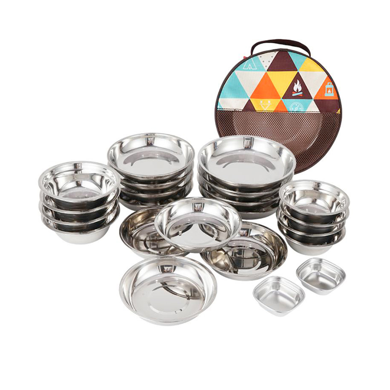 Conjunto de pratos de jantar portáteis para acampamento de aço inoxidável 304 com 22 peças